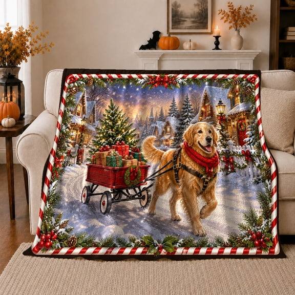Christmas Village Winter Scene Golden Retriever Pulling Wagon, Festive Pet Portrait Pattern, Warm Flannel Blanket for Living Room and Reading Nook, Dog Lovers Christmas Gift, Pet Lover Home Decor