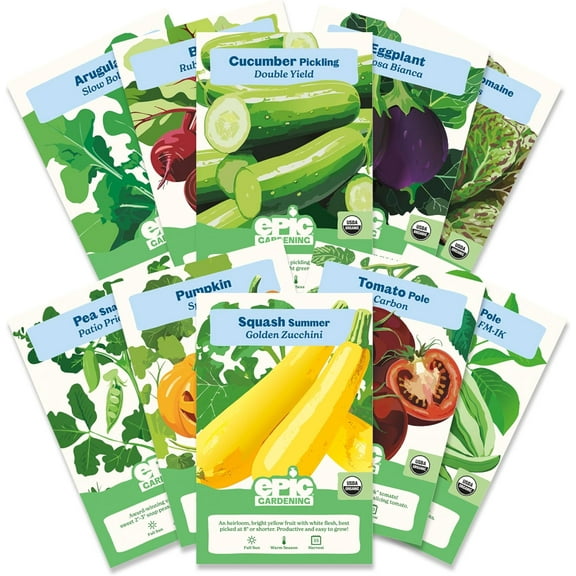 Epic Gardening Organic Vegetable Garden Kit, 10 Non-GMO Varieties, Includes Tomatoes, Squash, Pumpkins, Beans & More, Perfect for Raised Beds