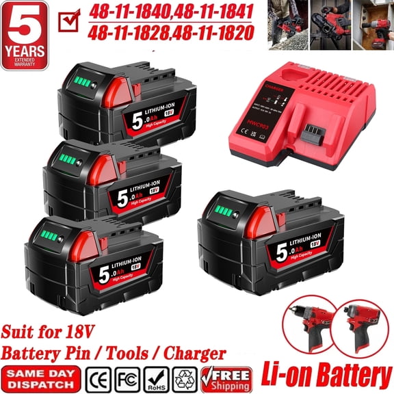 4 Packs 5.0Ah 18v Battery Replacement for MWK M18 Battery and M12-18C Charger kit, Compatible with 48-11-1862 48-11-1852 48-11-1882 18 Volt Cordless Power Tools
