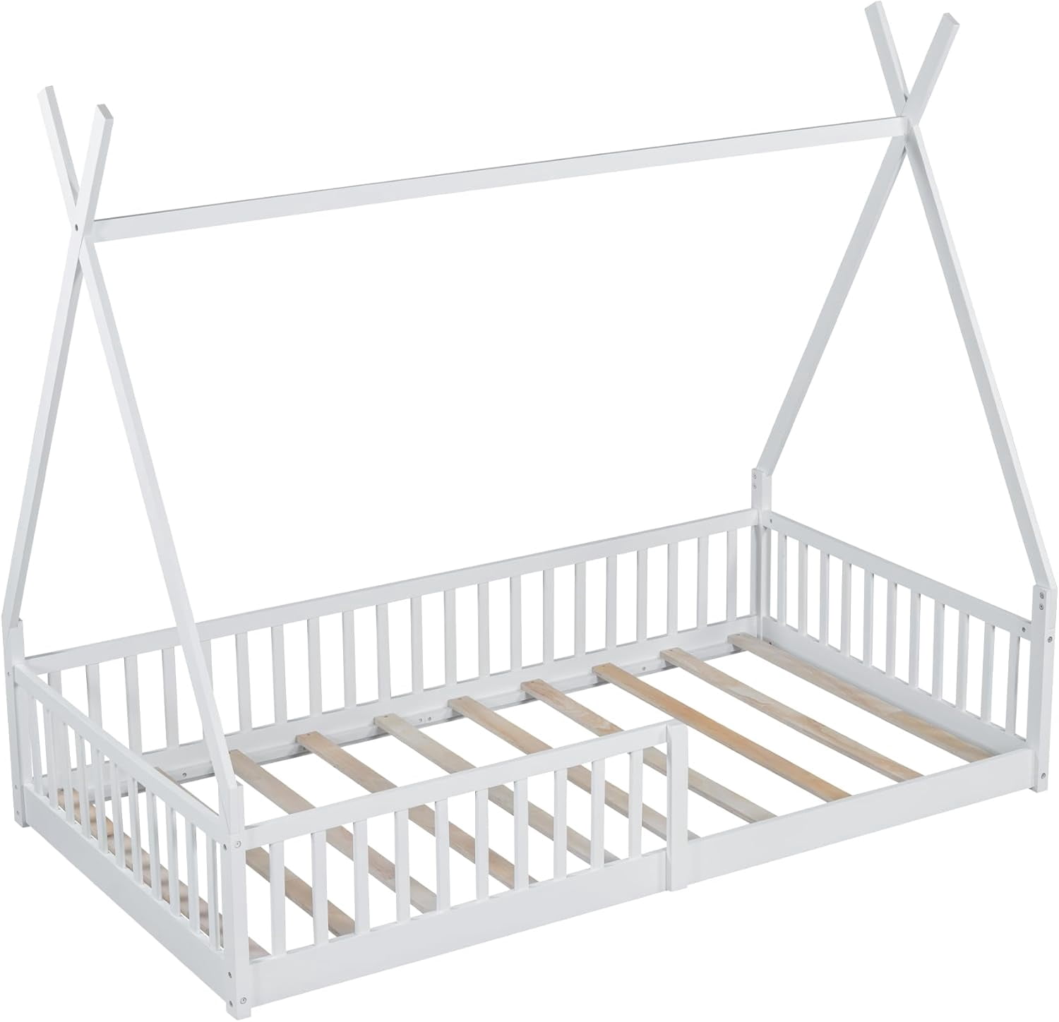 GLZ'HOME Twin House Bed with Fence, Modern Wood Montessori Floor Bed Frame Twin with Guardrails for Boys and Girls Bedroom, No Box Spring Needed (White)