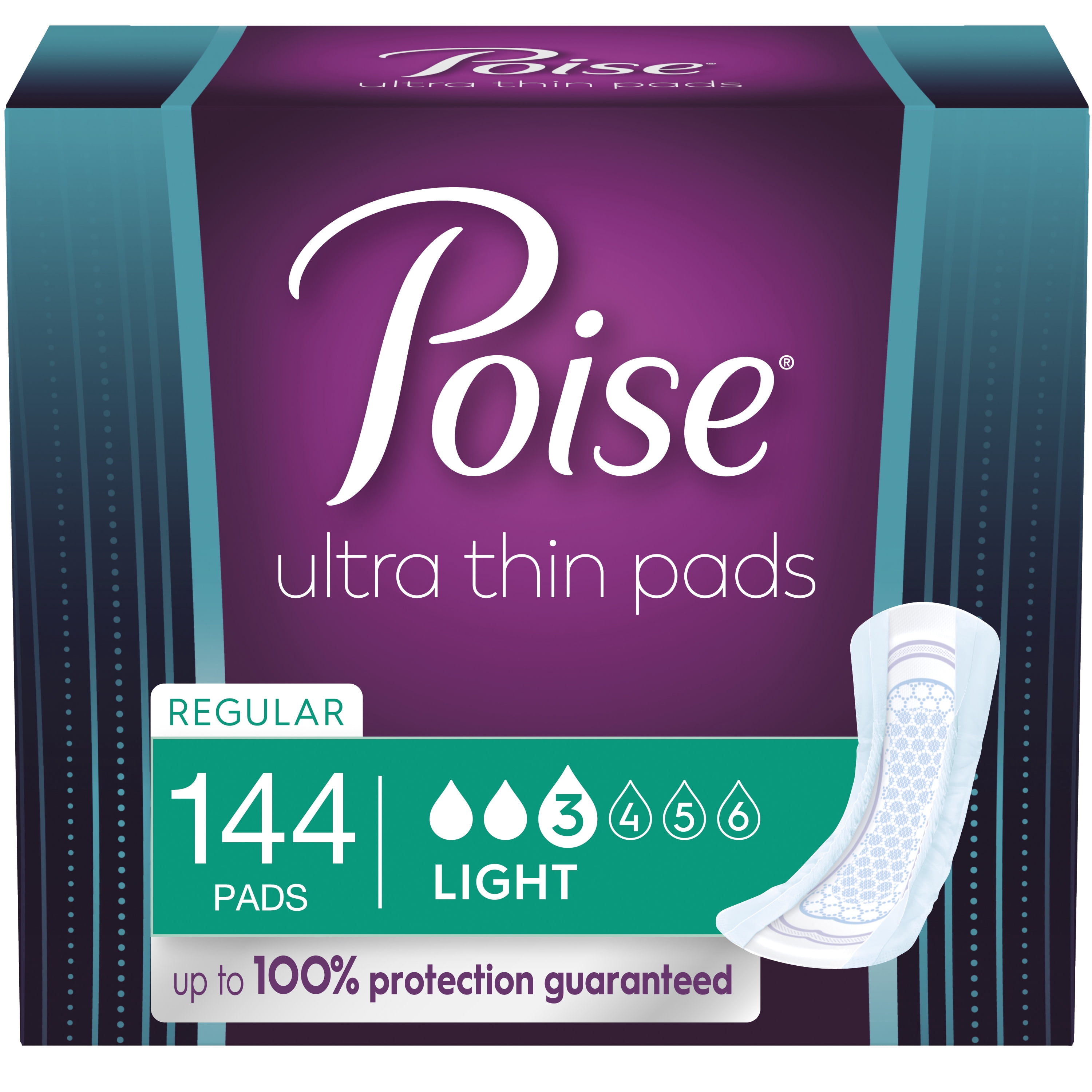 Poise Ultra Thin Incontinence Pads, Light Absorbency, Bladder Control Pads, 144 Ct