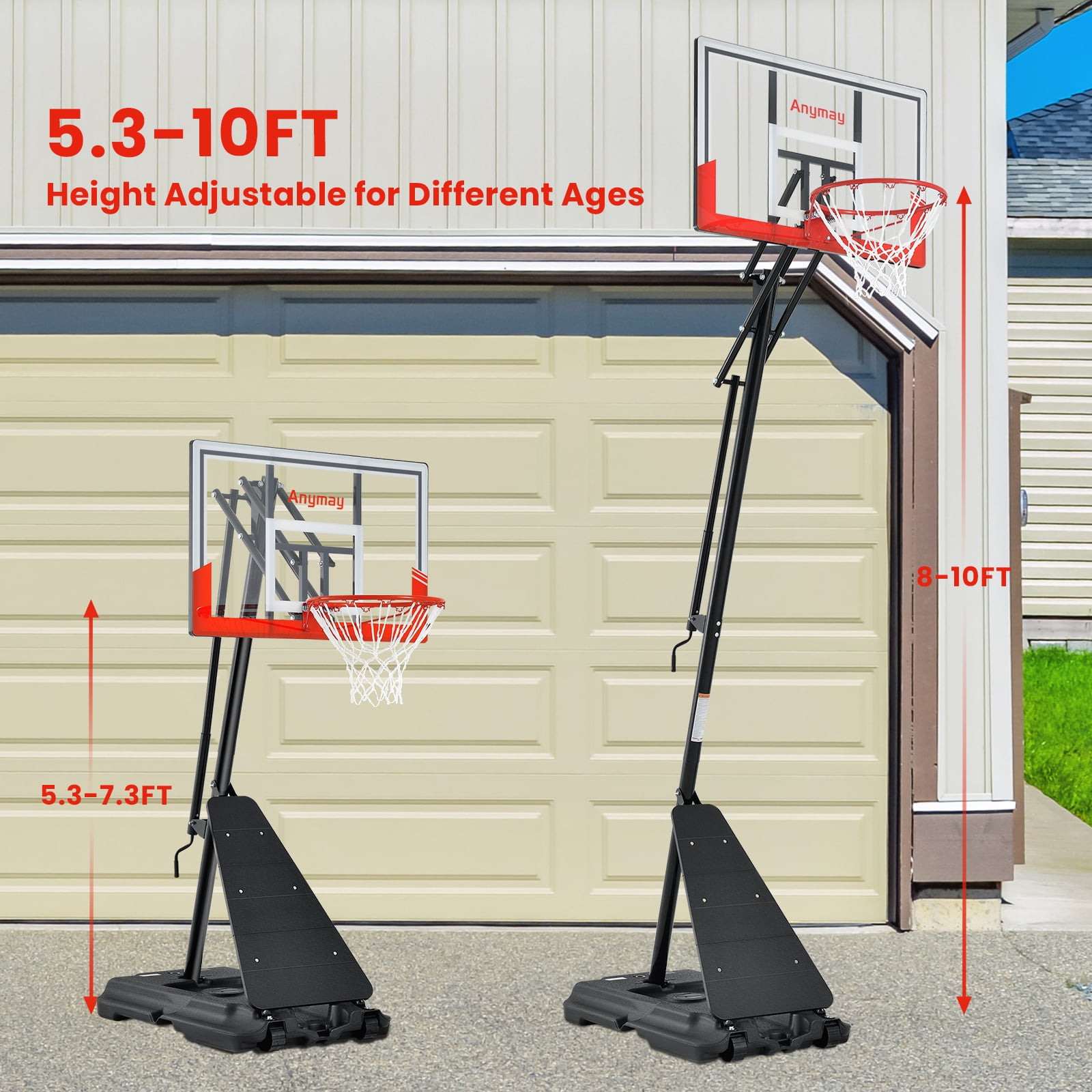 Anymay Basketball Hoop Outdoor with 44 Inch Backboard，5.3-10FT Height Adjustable Basketball Hoop Goal System