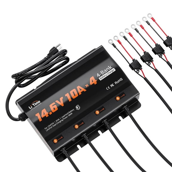 LiTime 4-Bank 10A Smart Battery Charger, 14.6V LiFePO4 Battery Charger AC-DC Charger with Fuse, LED Indicator for RV Boat Motorcycle Lawn Mower Trolling Motor and Lead Acid Battery