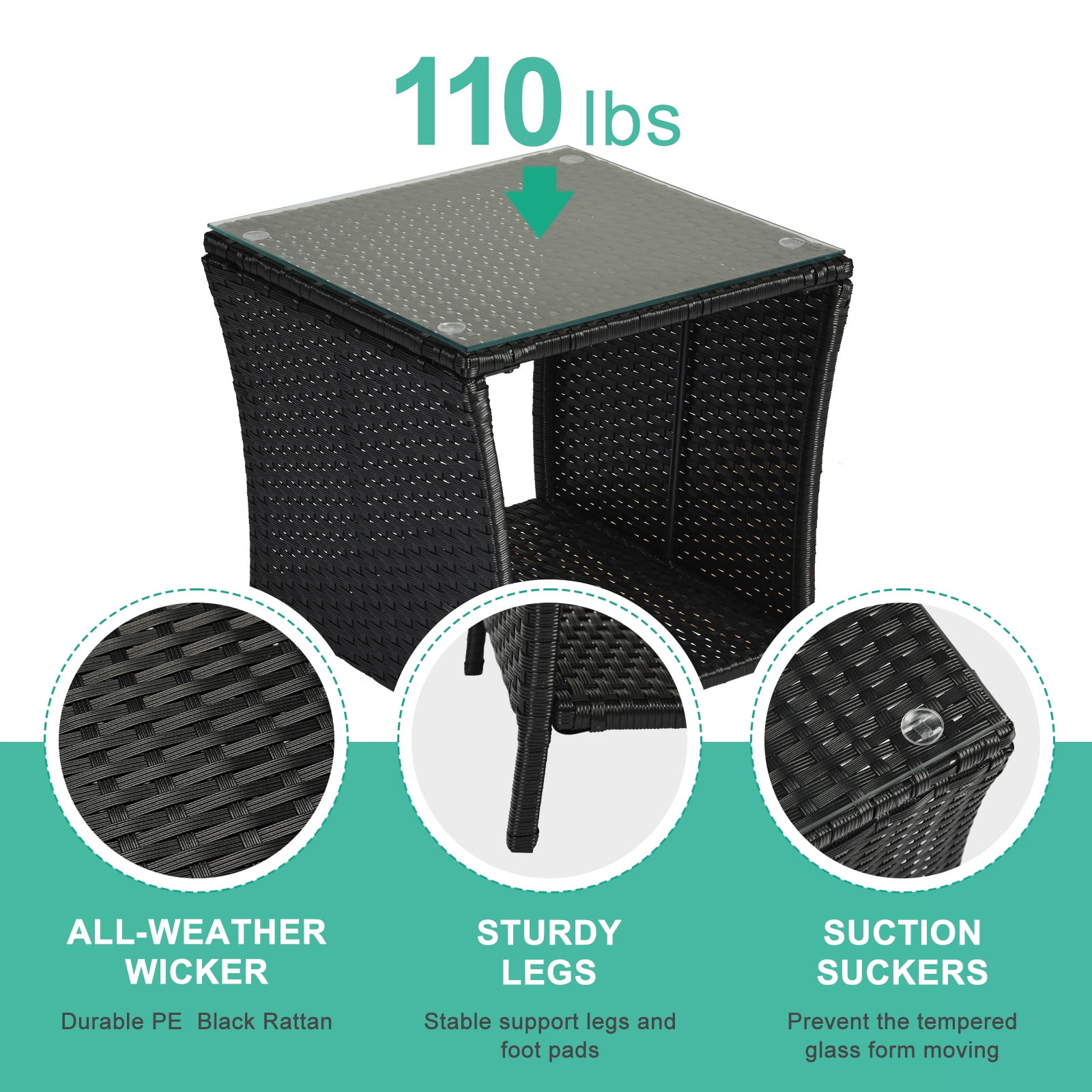 Outdoor Black PE Rattan Tempered Glass Side Table Sturdy Iron Frame Patio End Table With Storage Shelf Weather Resistant Accent Table For Garden Backyard Balcony Porch Indoor Outdoor Use
