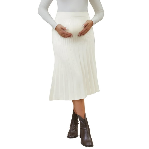 Falda de maternidad de punto sobre la barriga Inspire Chic para mujeres, falda midi con pliegues, color blanco