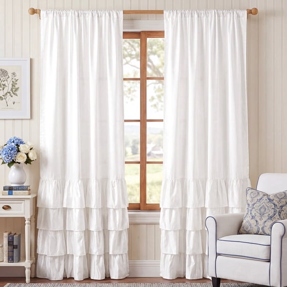 NICETOWN White Shabby Chic Ruffle Curtains for Living Room, Layered Ruffle Window Curtains for Girls Bedroom Dorm Room, Rod Pocket Decorative Drapes, 52 x 84 inches, 2 Panels