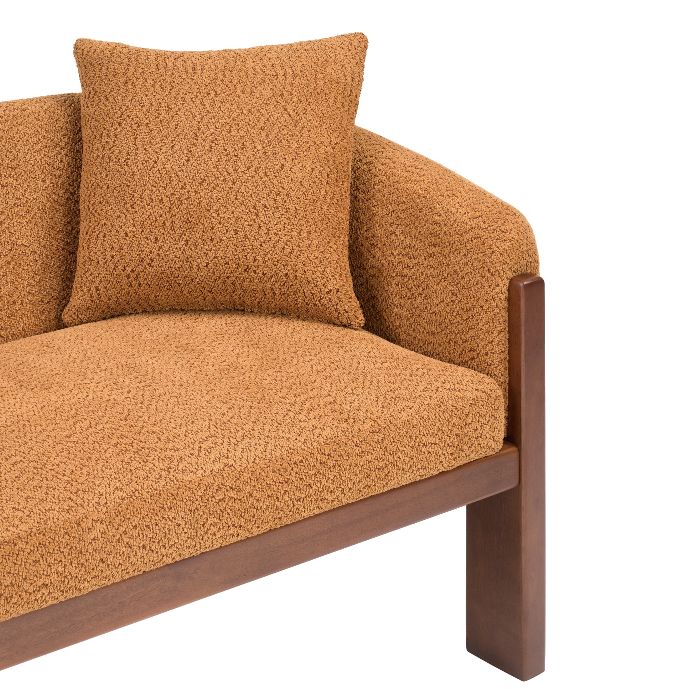 Christopher Knight Home 84.5" Modern Boucle Sofa with Throw Pillows, Seats 3, Wood Legs, Caramel