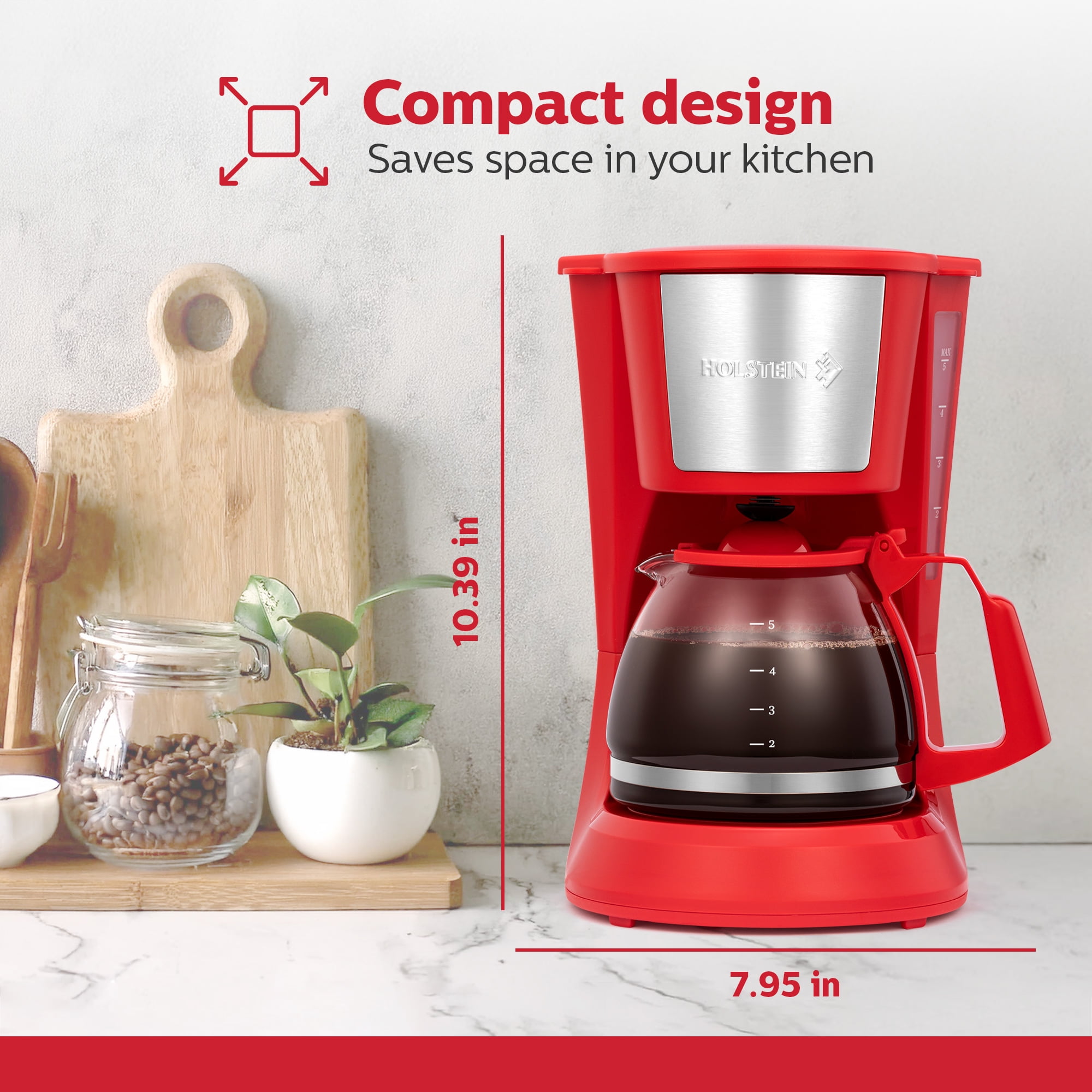 Holstein Housewares 5-CUP Coffee Maker - Space-Saving Design, Auto Pause and Serve, and Removable Filter Basket for Fresh and Rich-Tasting Coffee - RED