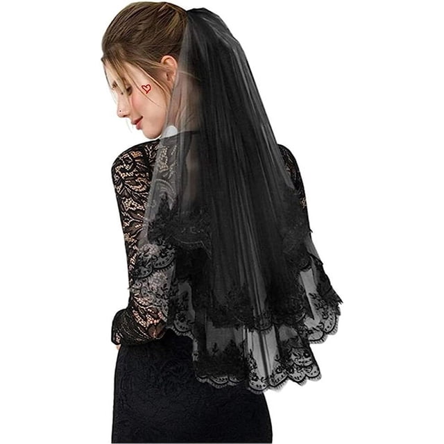 Velo de Novia Negro Halloween Velo de Novia de Doble Capa con Peine para el Cabello Accesorios Decorativos de Boda Tocado de Novia Elegante Tul de Encaje Cosplay Fiesta de Disfraces