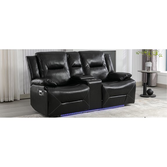 Manual Reclining Chair With Led, Cup Holders, Storage, Black Living Room Item Recliner Led And Storage - 2 Seater Leather Gel, Stable For Bedroom,
