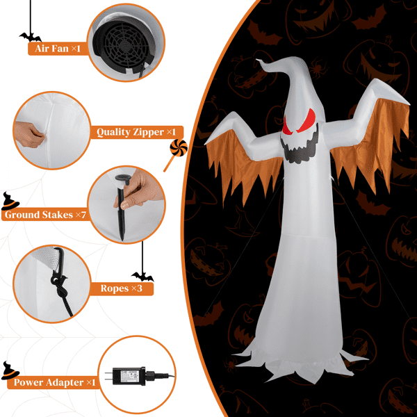 Alvantor 11.8 ft Giant Ghost Halloween Inflatable with 4 Built-in Lights and Flashing Red Eyes, White