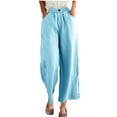 thumbnail image 3 of Jinhomg Womens Linen Pants Dressy Casual Solid Wide Leg Business Pants Baggy Comfy Elastic Waist Palazzo Trousers with Pockets Ladies Workwear Holiday Saving Sky Blue M, 3 of 10