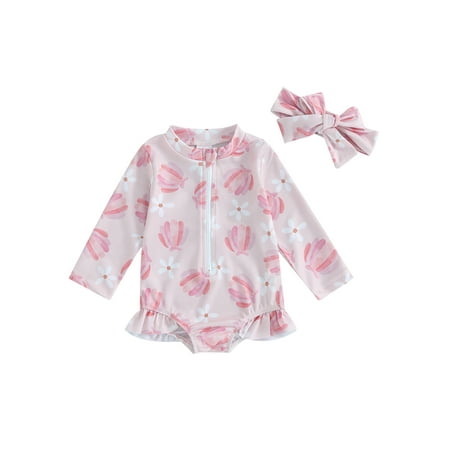 

Qtinghua Infant Baby Girls Swimwear Floral/Ice Cream Print Long Sleeve Zip Up Romper with Headband Bathing Suit Pink 6-12 Months