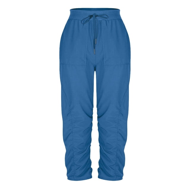 Lenpel Capri Pants for Women Elastic High Waisted Drawstring Ruched Straight Leg Cropped Pants Casual Capris Trousers with Pockets