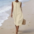 thumbnail image 6 of Feancey Linen Sundresses for Women Crew Neck Sleeveless Kaftan Dress Lightweight Gauze Beach Vacation Dresses Summer Casual Maxi Tank Dress with Pocket Beige XXL, 6 of 10