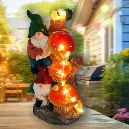 11 Inch Solar Garden Gnome Figurine Waterfall Fountain with LED Lights Waterproof Resin Outdoor Statue for Patio Balcony Yard, Fairy Pond Garden Decor