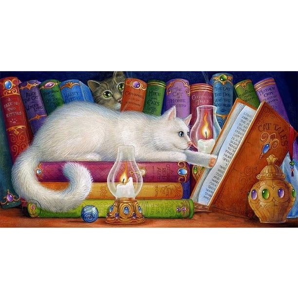 Taladro completo Pintura Gato Libro de lectura Patrón Diamante redondo Dibujo de diamantes de imitación 5D FLhrweasw Nuevo
