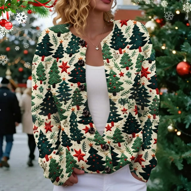 Winter Plus Size Fall Sweaters for Women Women Christmas 3d Button Deer Plush Cardigan Sweater Green L