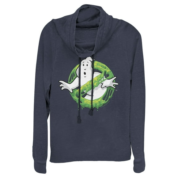 Junior's Ghostbusters Slime Logo Cowl Neck Sweatshirt Navy Blue Large