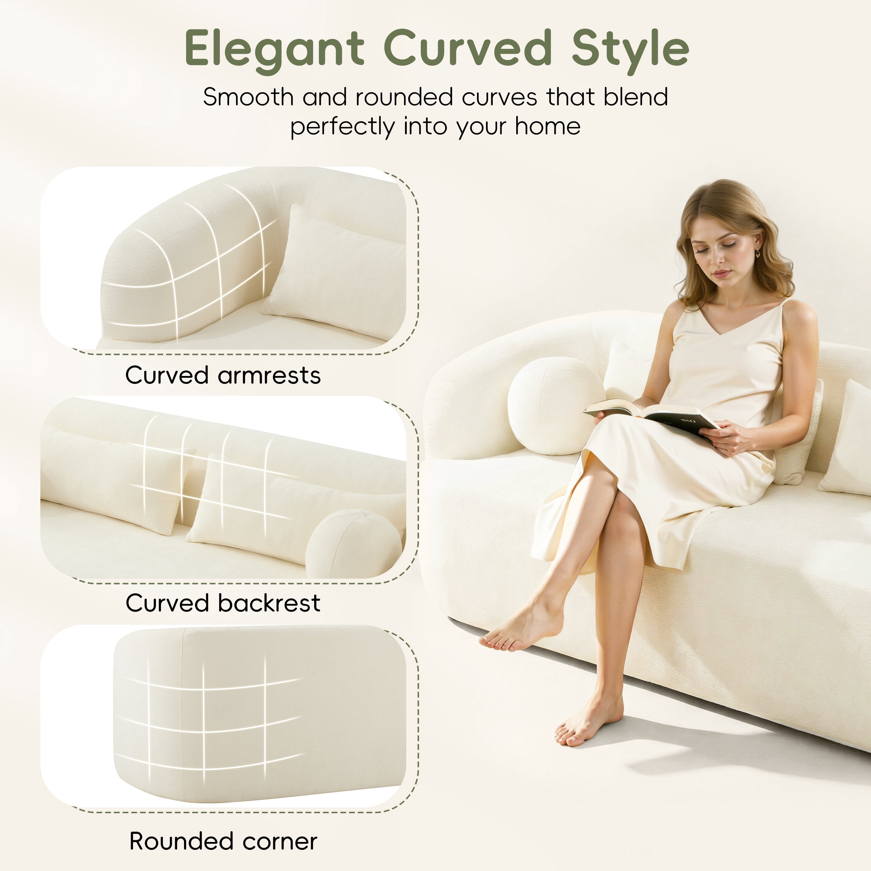 Sofa, Couch, No Assembly Sofa, Curved Frameless Chenille Cloud Couch Compressed Delivery, Includes 4 Pillows, 3-Seater Sofa for Living Room, Beige