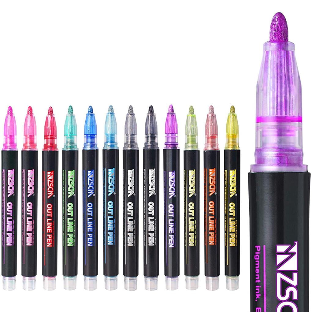 Outline Metallic Marker Pens 12 Colors Double Line Marker Pens Writing Drawing Highlighter Marker Pen for School Office