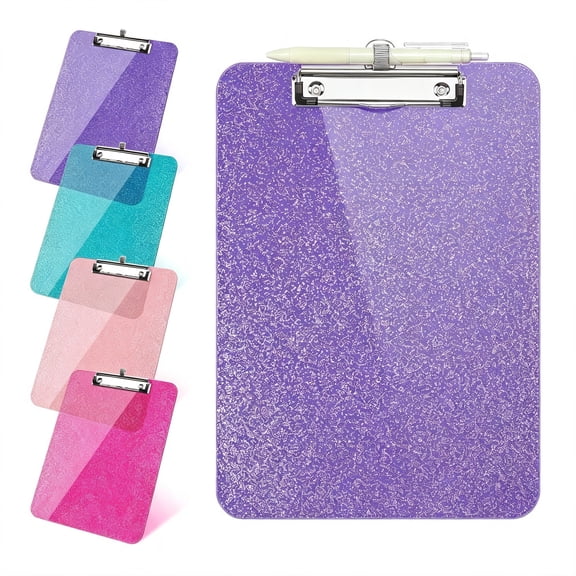 CCOCC 1Pcs Clear Glitter Clipboards,Plastic Clipboard with Pen Holder,Size 8.85X12.4 in Shiny Clipboards with Low Profile Clip,Cute Hanging Clipboard for Office School Sparkly Clip Board-Purple
