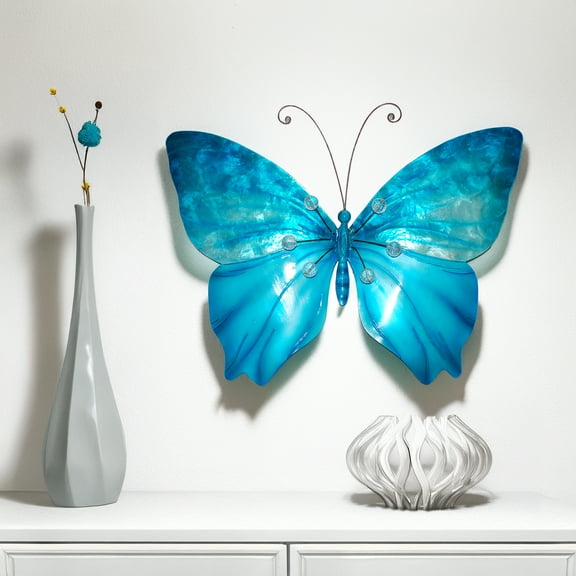 Eangee Home Design Butterfly Wall Decor Sea Blue With Beads, Capiz and Metal, Indoor / Outdoor Safe, 18x1x13 Inches