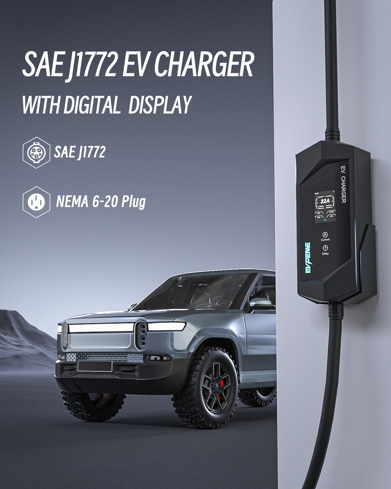 EVPEIWE Level 1/2 EV Charger 16A, 25ft, 110-240V Portable EV Charger with NEMA 14-50/NEMA 5-15 Plug