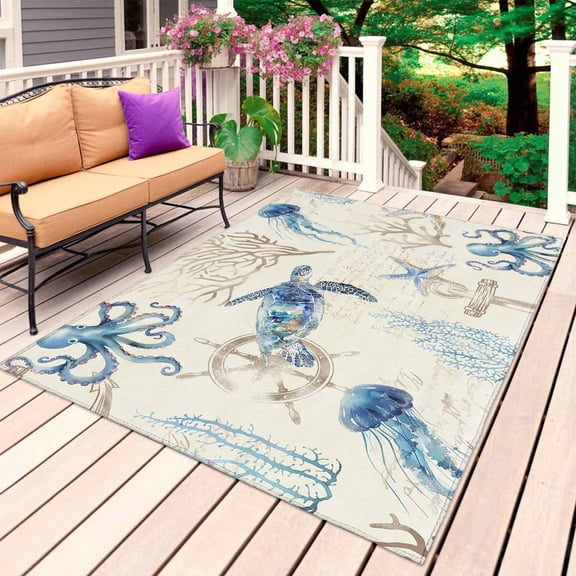 Nautical Coastal Outdoor Rug for Patio/Deck/Porch, Non-Slip Large Area Rug 6 x 9 Ft, Vintage Beach Octopus Turtle Jellyfish Indoor Outdoor Rugs Washable Area Rugs, Camping Rug Carpet Runner