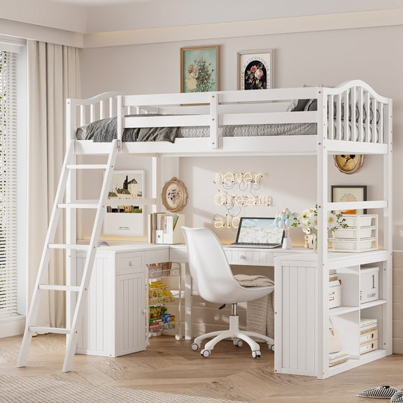 Twin size Loft Bed with Drawers, Cabinet, Shelves and Desk, Wooden Loft Bed with Desk - White(OLD SKU :LT001505AAK)