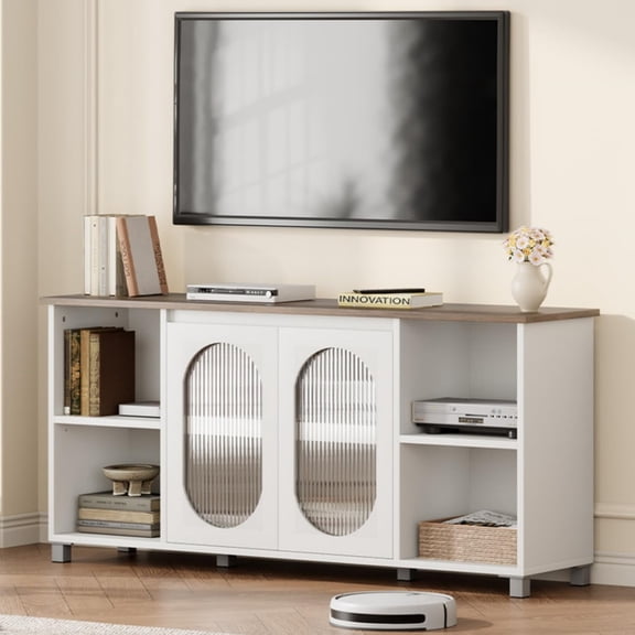 TROPOW 70" Rustic TV Stand - Entertainment Center with Corrugated Glass Cabinet Doors & Open Shelves, Media Console for Living Room