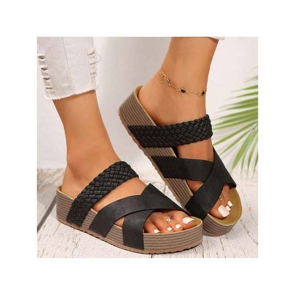 Women Solid Color Beach Sandals Thick Bottom Braided Cross Slip-On Casual Shoes
