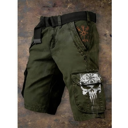 Men's retro Viking totem skull print workwear shorts, street hardcore workwear style design, shaping a stylish male temperament, suitable for dating, personalized leisure occasions