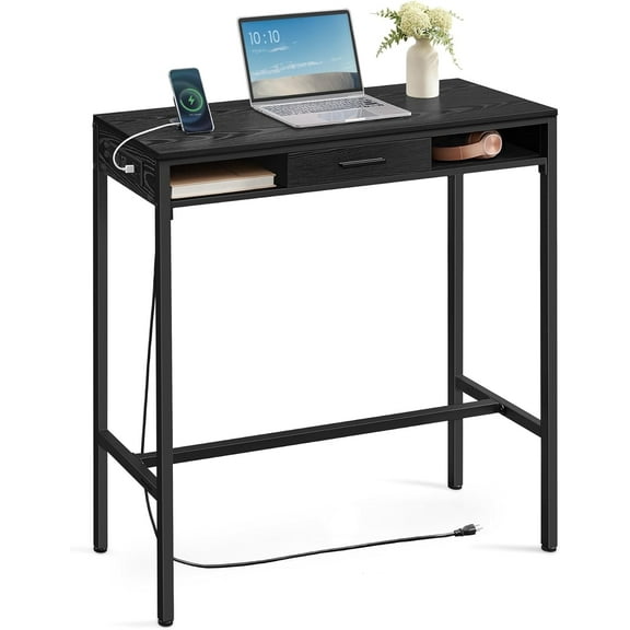 Bar Table, Bar Height Pub Table, Storage Kitchen Dining Table with Power Outlets and Movable Non-Woven Fabric Drawer, Hooks, Long High Top Table, 15.7 x 39.3 x 41.2 Inches, Ebony Black
