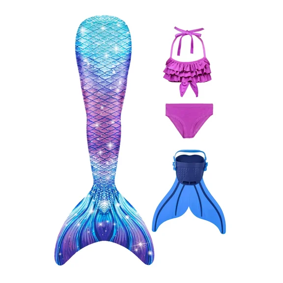 Mermaid Tails Swimming for Girls with Monofin Mermaid Tail Costume Pool Party Swimwear Kids Mermaid Bathing Suit 4PC