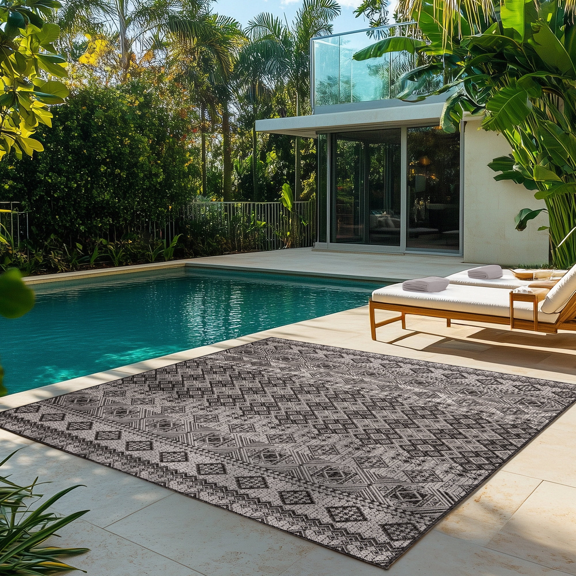 Gertmenian Tropea Darcy Bohemian Moroccan Black Ivory Premium Flatweave UV Resistant Indoor Outdoor Area Rug, 6x9