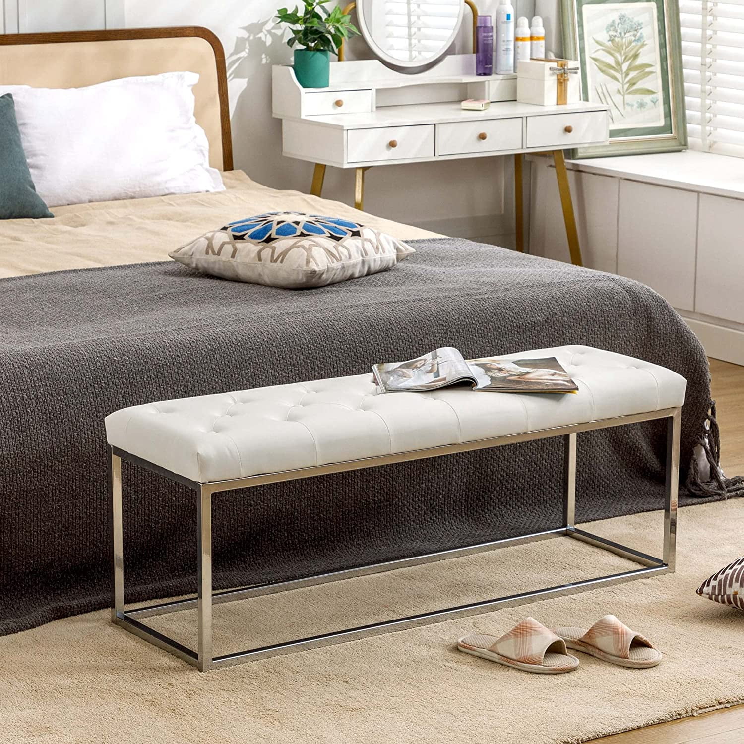 Duhome Faux Leather Bench Modern Tufted Bedroom Bench with Metal Base ...