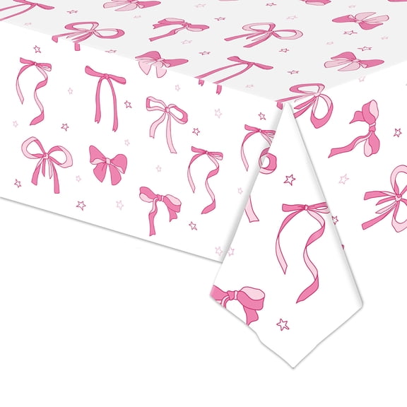 Btomtd Bowknot Printed Birthday Tablecloth, Disposable Party Table Cover and Layout Supplies, Holiday Props Table Cloth for Festive Decorations, 108"x54", White