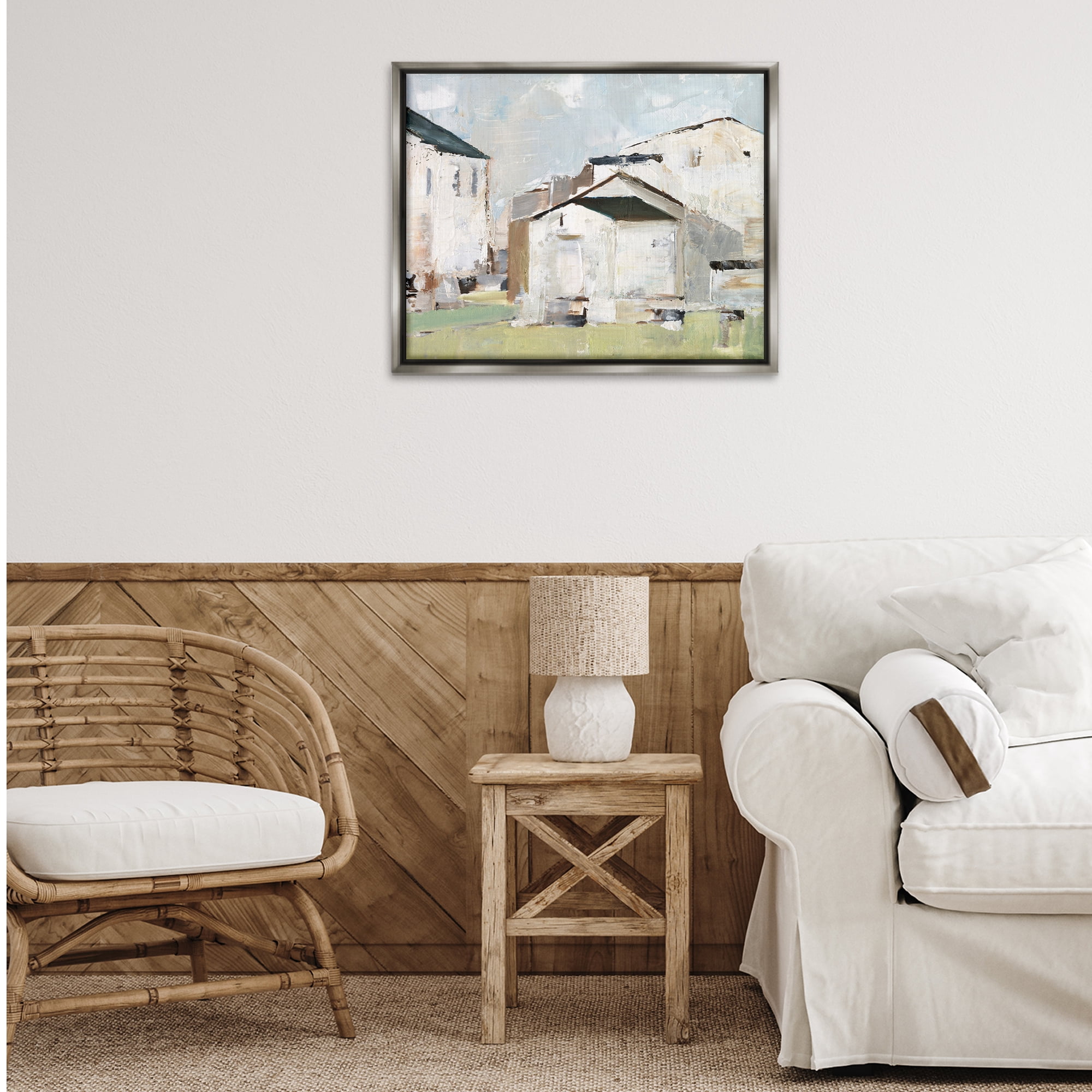 Stupell Industries Brushed Farm Houses Scenic & Cityscapes Painting Gray Floater Framed Canvas Art Print Wall Art, 31 x 25