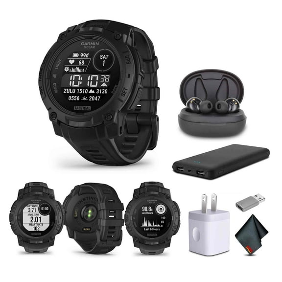Garmin Instinct 3 Tactical Edition, Solar Charged 45mm Display, Outdoor Rugged GPS Smartwatch Bundle With USB Wall Charger   Microfiber Cleaning Cloth   More