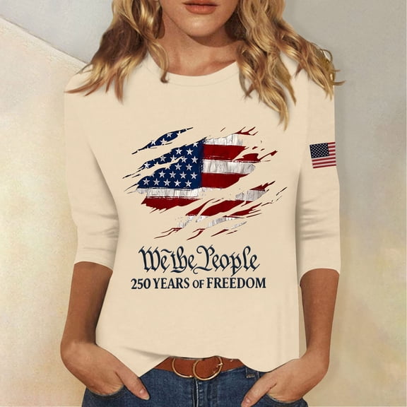 Women's Fashion 4th of July 3/4 Sleeve Sweaters, Patriotic Independence Day Tops for Women, Spring & Summer Casual Flag Printed Round Neck Pullover