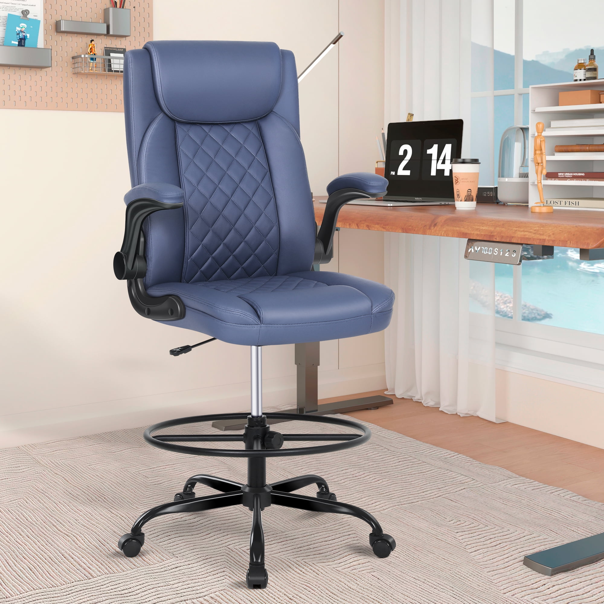 Misolant Drafting Chair, Tall Office Chair for Standing Desk, Standing Desk Chair with Adjustable Height and Flip-up Arm, Leather Drafting Chair, High Office Chair for Counter Height Desk
