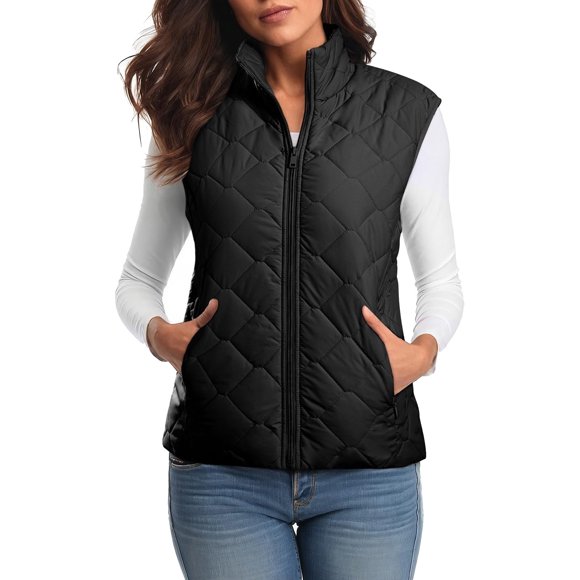 aohooy Puffer Vest Women Cropped Zip Up Stand Collar Sleeveless Jacket Solid Casual Comfy Padded Gilet with Pockets Winter Fall Vest Black,S