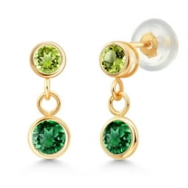 Gem Stone King 14K Yellow Gold Green Nano Emerald and Green Peridot Drop Dangle Earrings for Women (0.84 Cttw, Gemstone Birthstone, Round 4MM and 3MM)