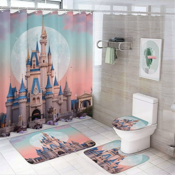 Castle at Sunset Shower Curtain Bathroom Sets Toilet Lid Rug, Bath Mat And Contour Mat, Shower Curtain 4Pcs