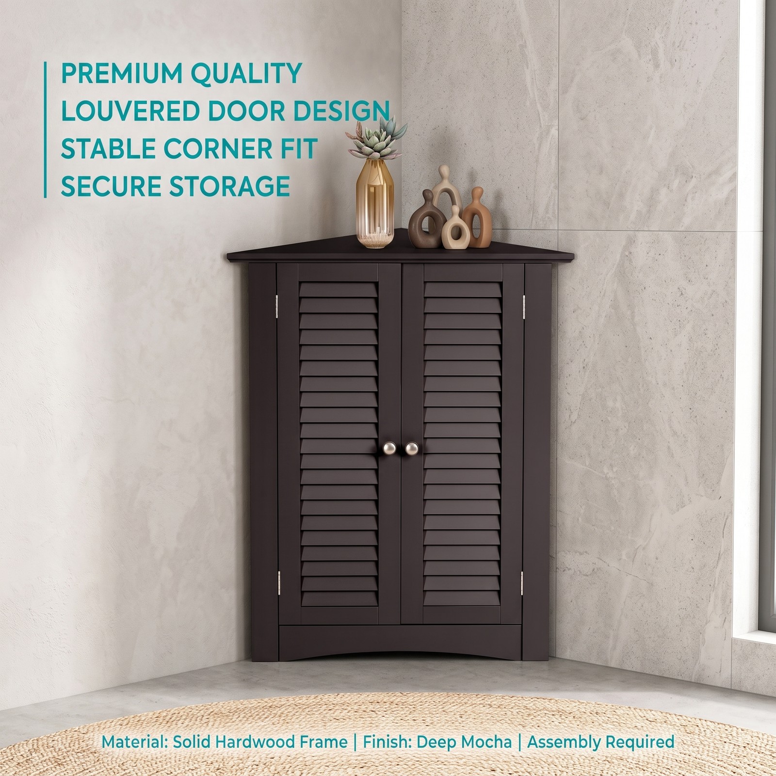 Fenbeli Bathroom Corner Floor Cabinet, Freestanding Wooden Storage Organizer with Shutter Door and Adjustable Shelf, Anti-Tipping Space-Saving Unit for Bathroom, Brown