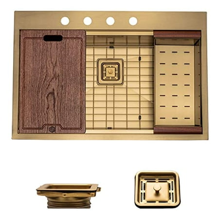 

Strictly Kitchen and Bath 33” Topmount Gold Double Bowl Kitchen Workstation Sink with Accessories & Two Drains
