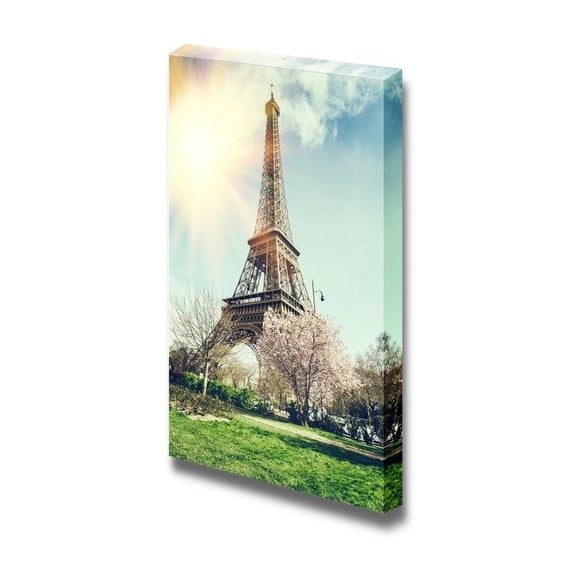 Canvas Prints Wall Art - Springtime in Paris Eiffel Tower Retro Style | Modern Wall Decor/Home Decoration Stretched Gallery Canvas Wrap Giclee Print & Ready to Hang - 48" x 32"