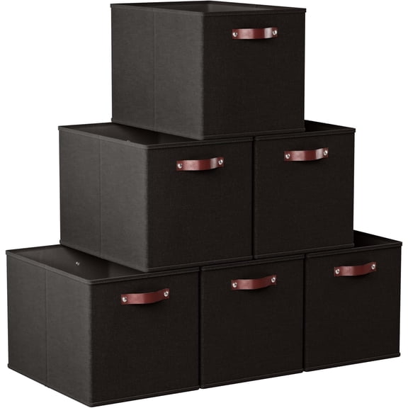 Ornavo Home 13 x 15 x 13 Kallax Storage Cube Bins, Foldable Collapsible Fabric Storage Bins Box Linen Shelf Basket Cube Organizer for Closet with Leather Handles, 6 Pack, Black