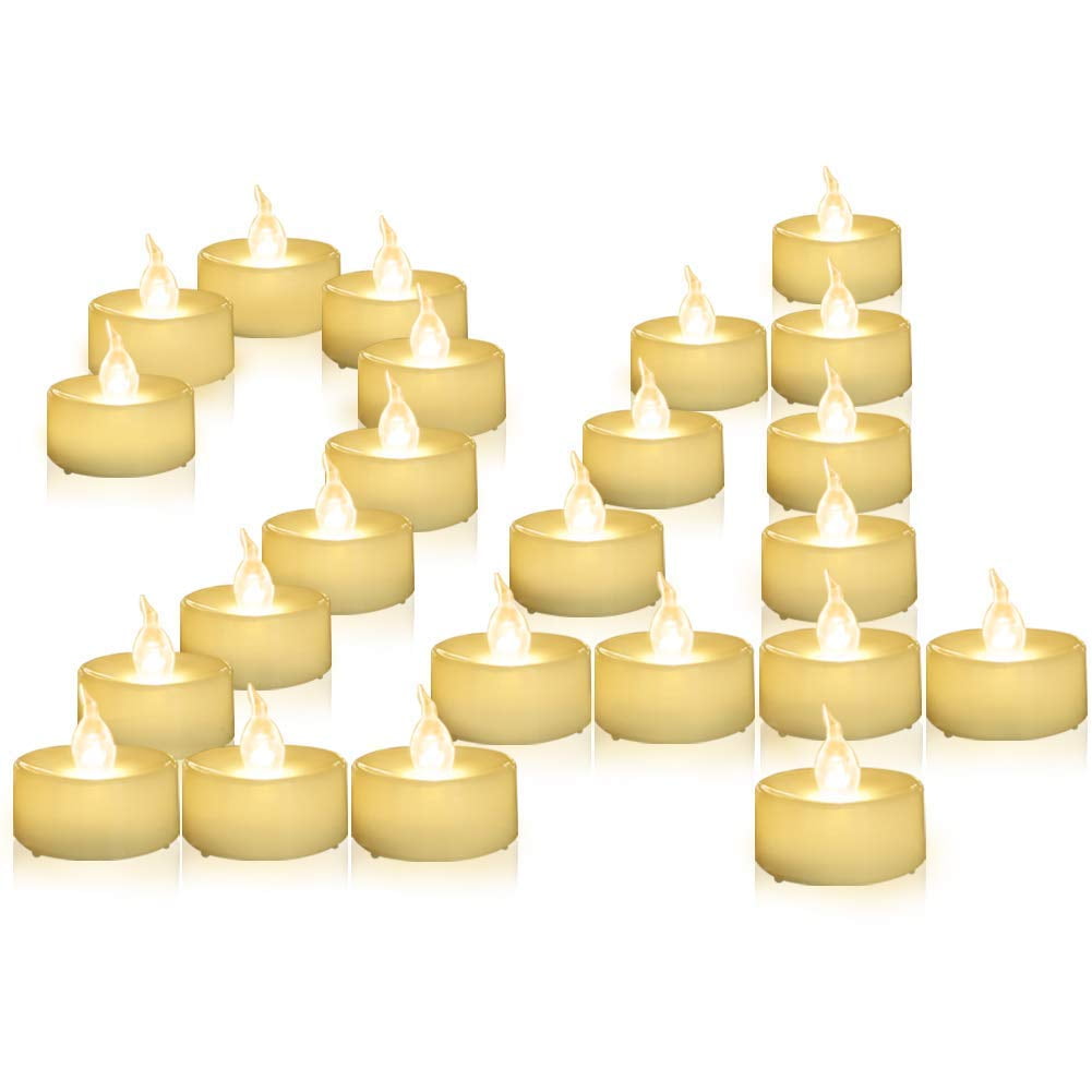 24 Pack LED Flameless Tea Lights with Timer, Warm White Flickering